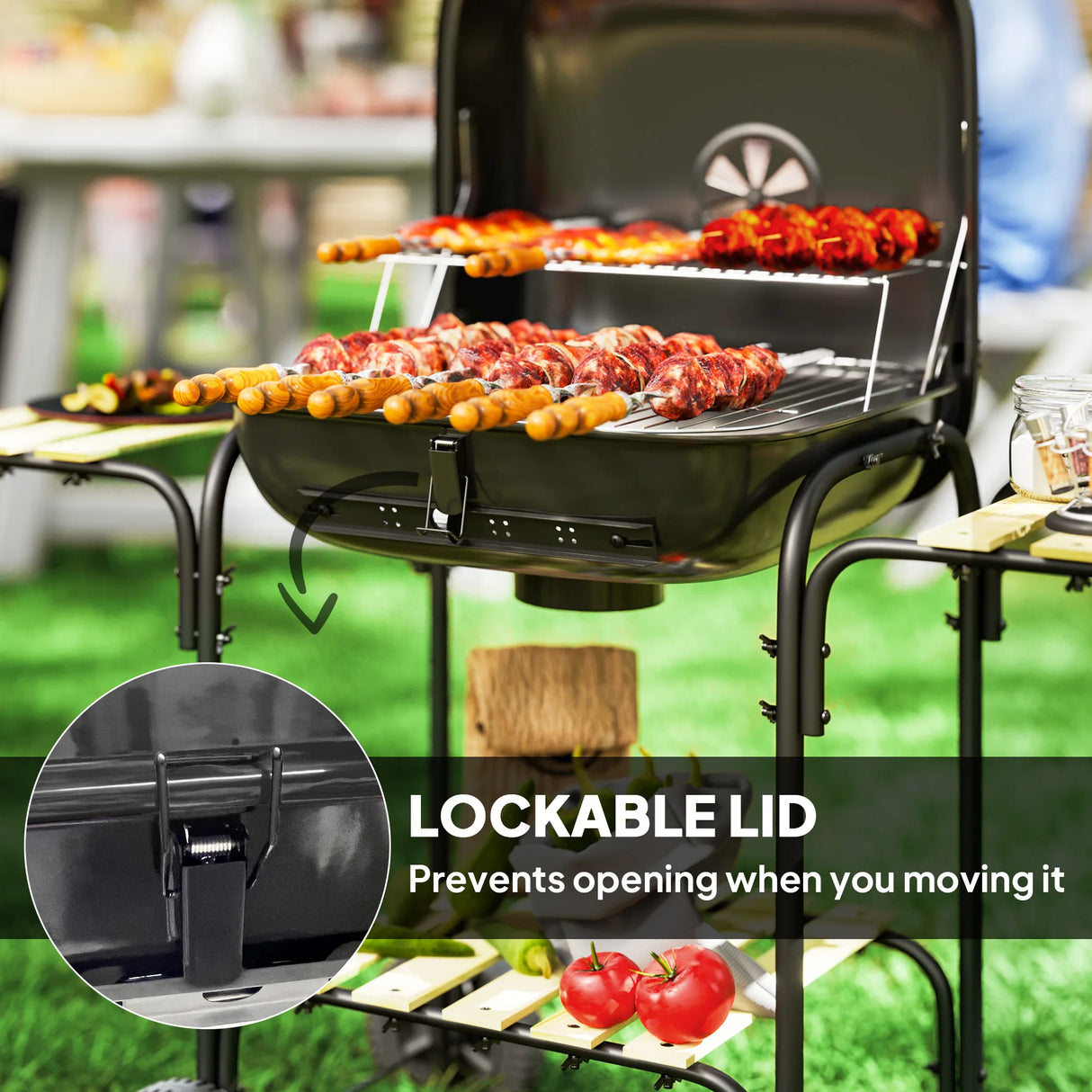 Outsunny Charcoal Barbecue Grill Portable BBQ Grill with 1840 cm2 Cooking Area, 3 Shelves, Adjustable Vent, Lockable Lid, Wheels for Outdoor Cooking, Garden Party, Black