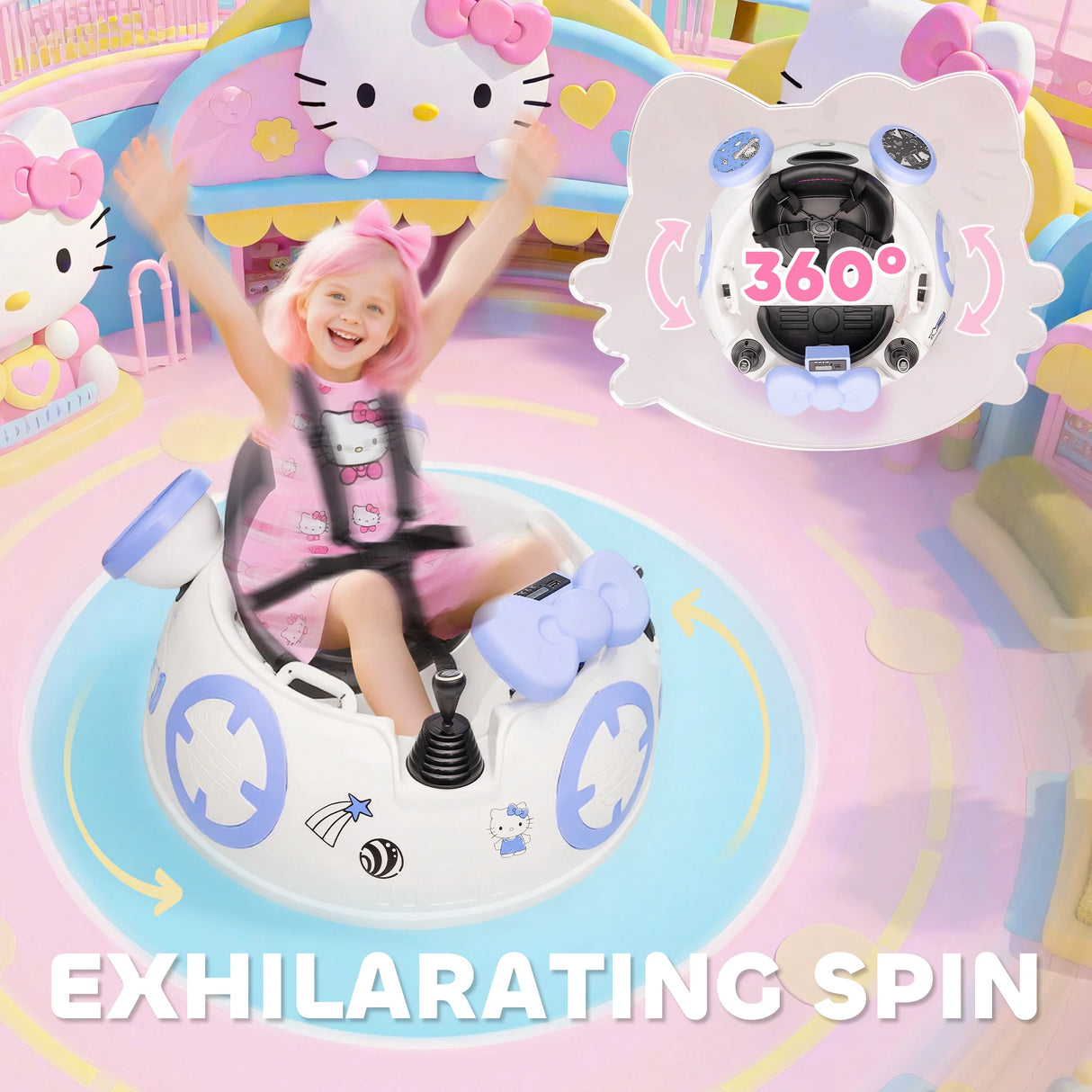 AIYAPLAY Hello Kitty Kids Ride on Bumper Car with Remote Control, Two Joysticks, Music, Lights, Safety Belt, White