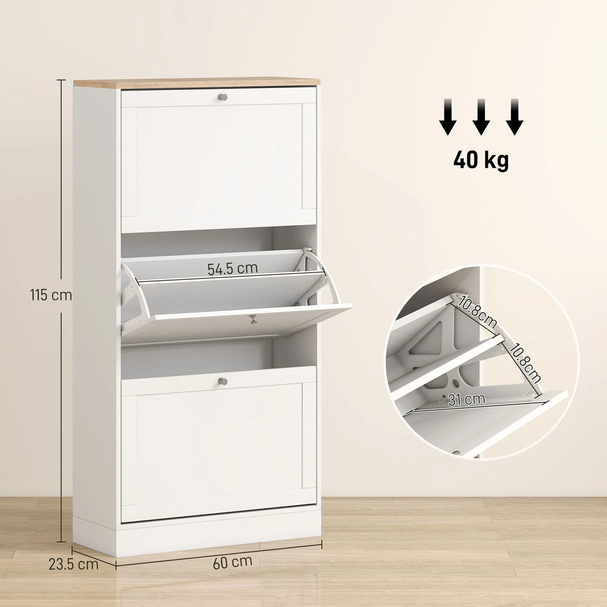 HOMCOM Modern Compact Three-Drawer Shoe Storage Cabinet - White