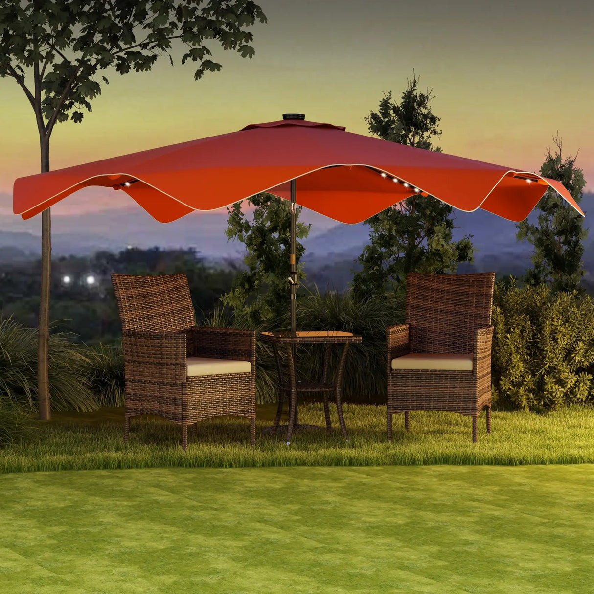 Outsunny Solar Patio Umbrella with LED and Tilt, Outdoor Market Table Umbrella Parasol with Crank, 3 x 3 (m), Orange