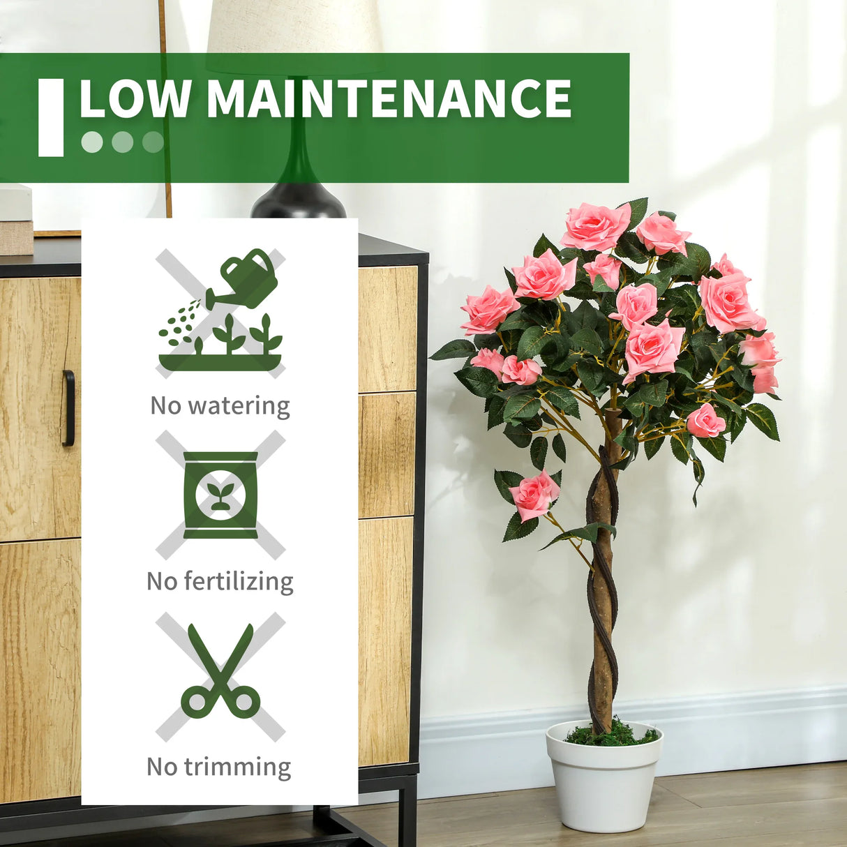 Outsunny Set of 2 Artificial Plants Pink Rose Floral in Pot, Fake Plants for Home Indoor Decor, 90cm