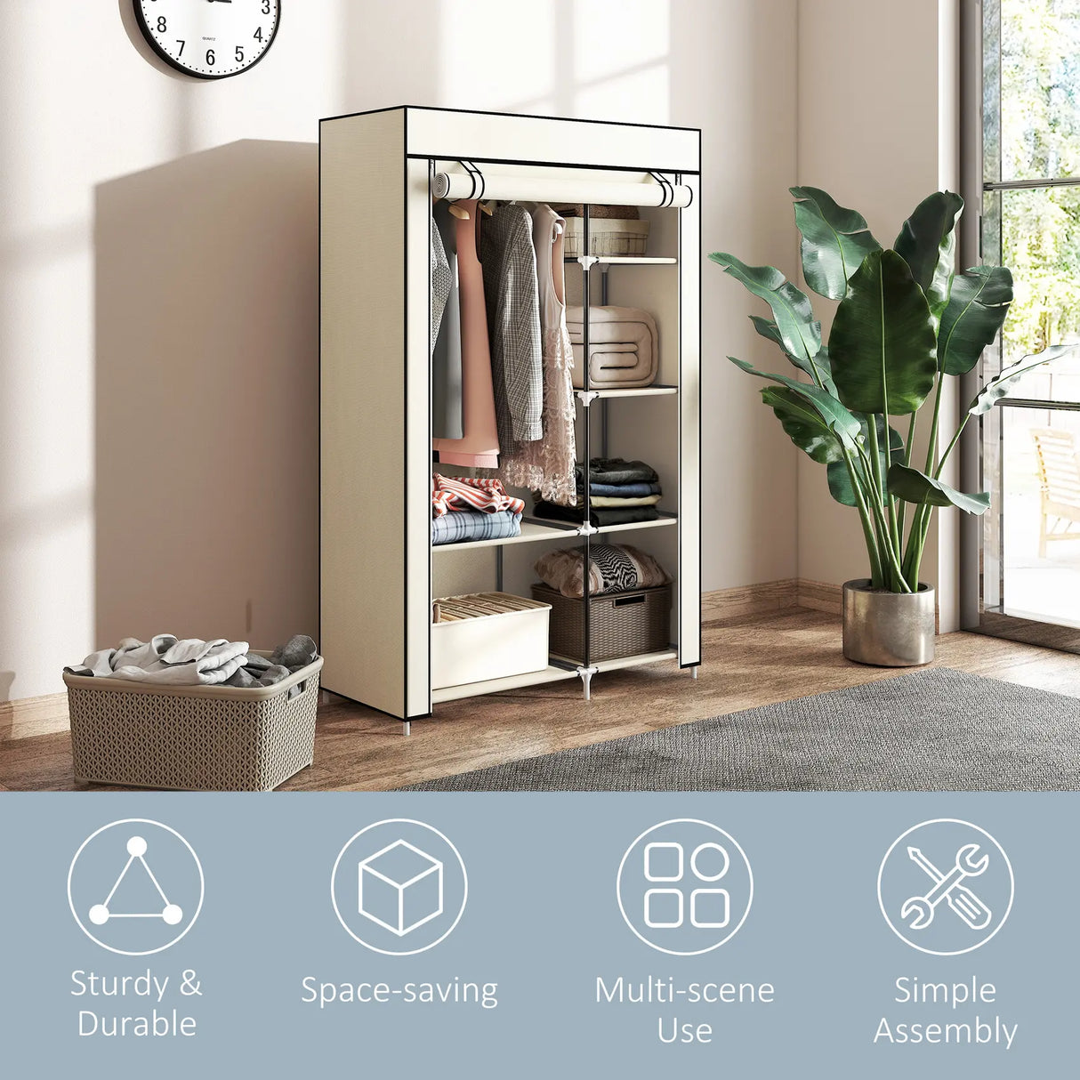 HOMCOM Fabric Wardrobe, Portable Wardrobe with 6 Shelves, 1 Hanging Rail, Foldable Closets, 103 x 43 x 162.5 cm, Cream White