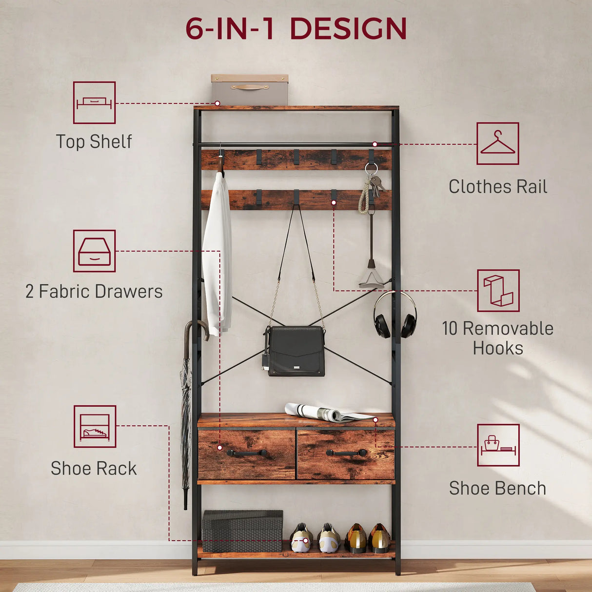 HOMCOM 6-in-1 Industrial-Style Hallway Organiser - Brown/Black