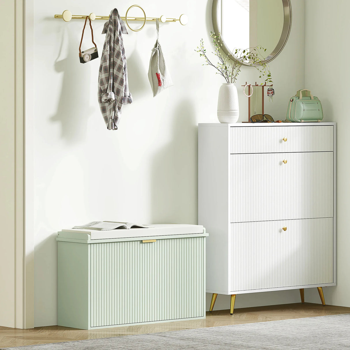 HOMCOM Elegant Eight Shoe Bench, with Top Seat - Green