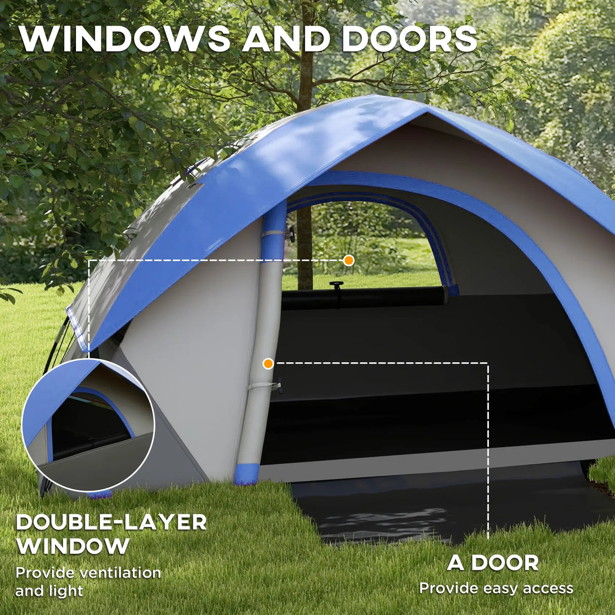 Outsunny Two Man Single Room Dome Tent, with Accessories - Dark Blue/Grey