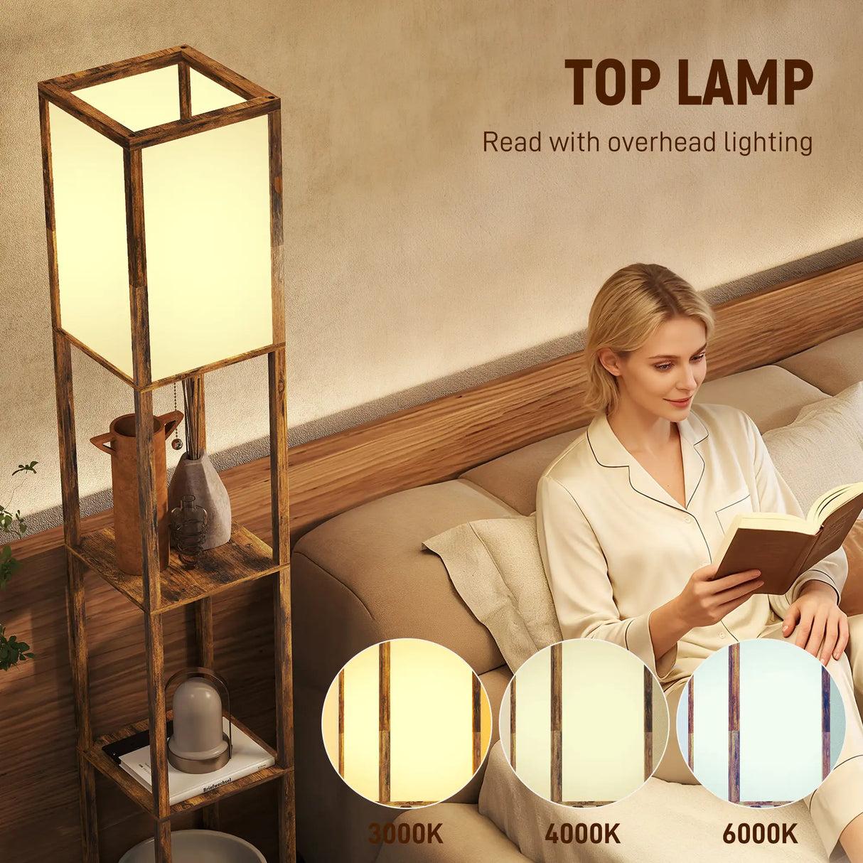 HOMCOM Floor Lamp with Shelves, 4 Layer Standing Lamp with USB Ports, 3 Colour Temperature, Rustic Brown