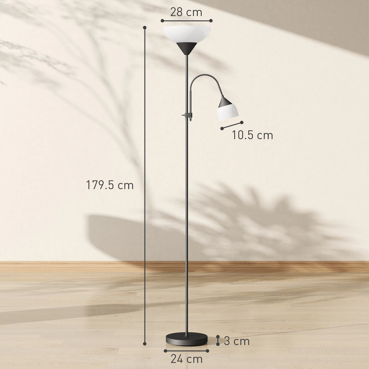 HOMCOM LED Floor Lamp for Living Room, 180cm Tall Standing Lamp, Mother and Child Uplighter with Adjustable Gooseneck, Black