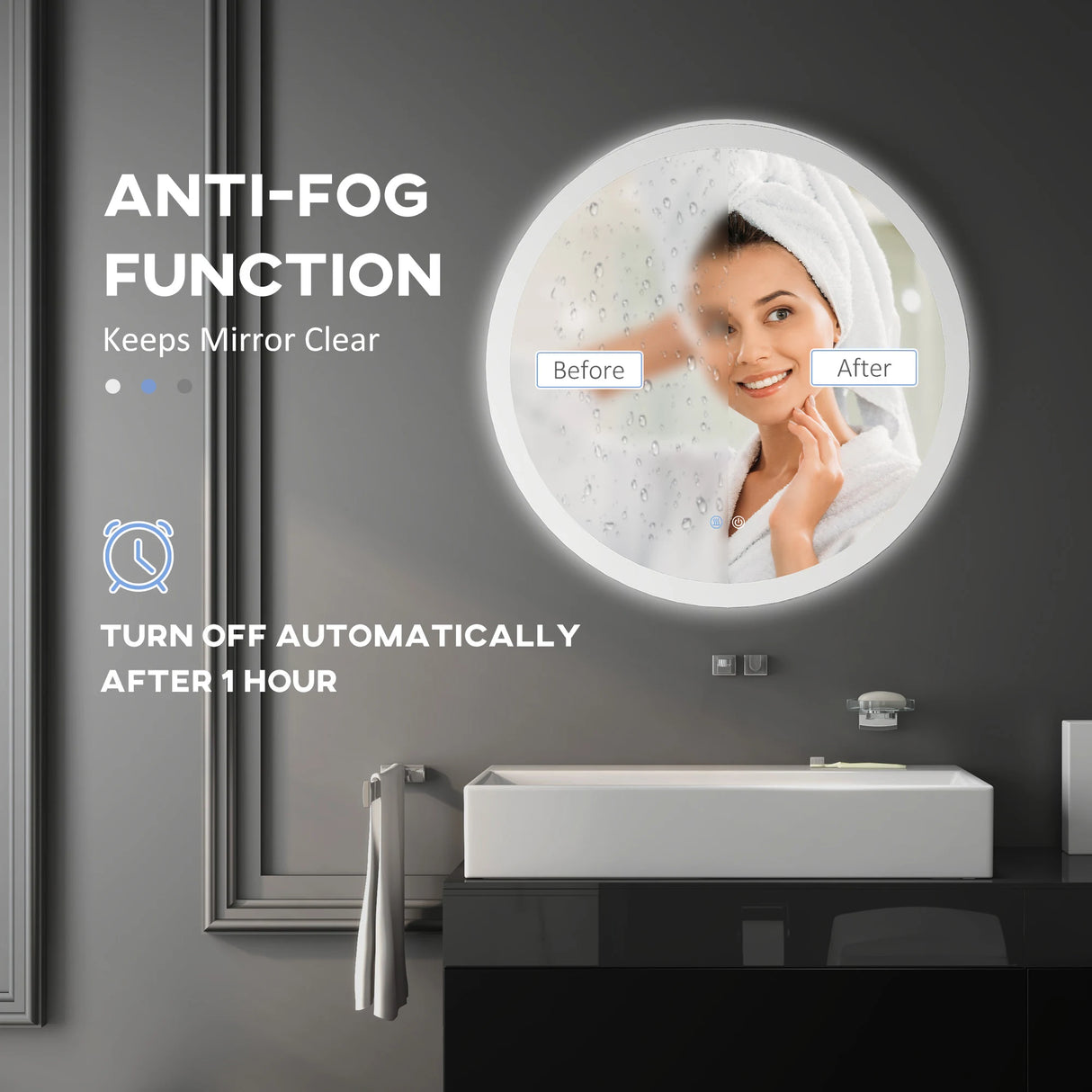 kleankin Round Bathroom Mirror with LED Lights, Wall-Mounted Dimmable Makeup Mirror with 3 Temperature Colours, Defogging Film, Memory Function, Hardwired, 70 x 70 cm