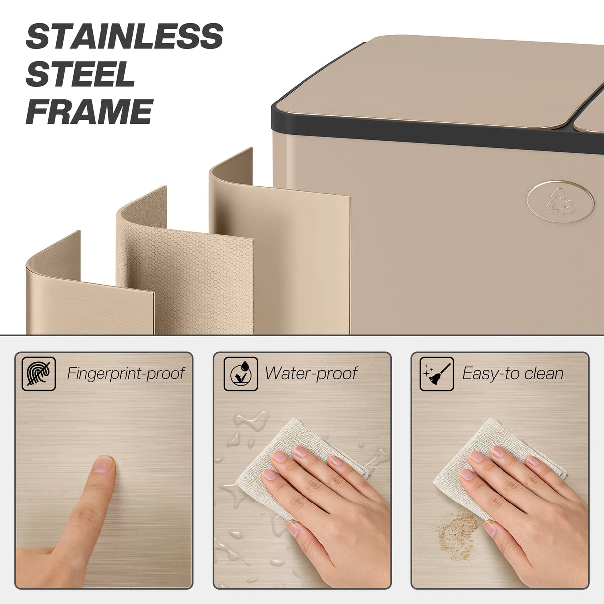 HOMCOM 56L Dual Compartment Stainless Steel Bin, with Deodoriser Holders - Gold Tone