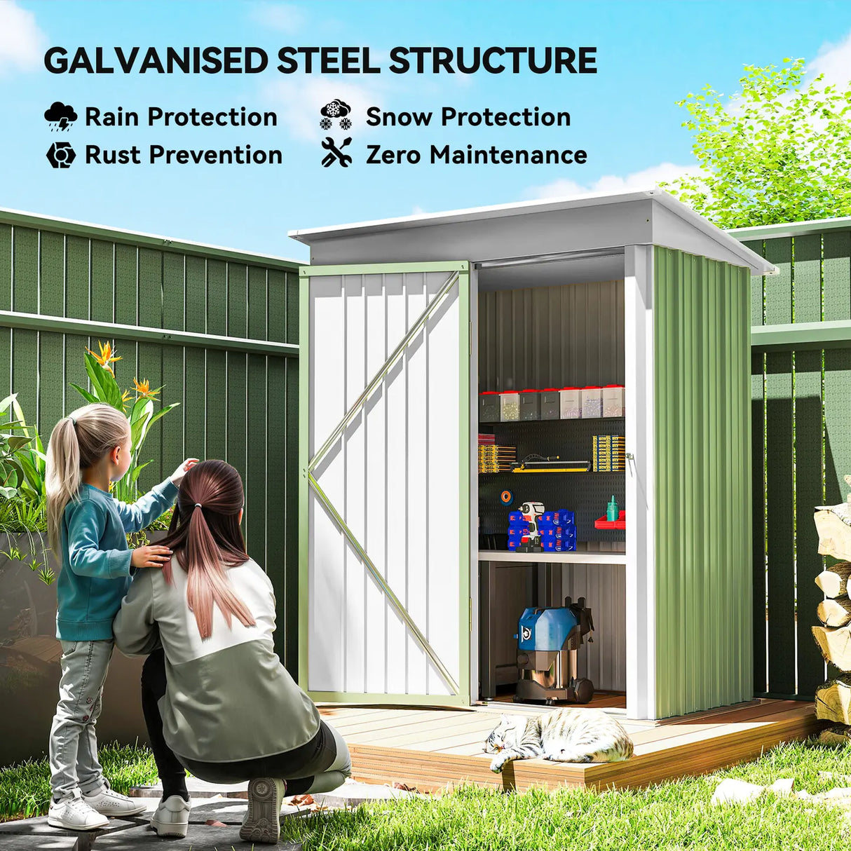 Outsunny Metal Garden Shed, Outdoor Lean-to Shed for Tool Motor Bike, with Adjustable Shelf, Lock, Gloves, 5'x3'x6', Green