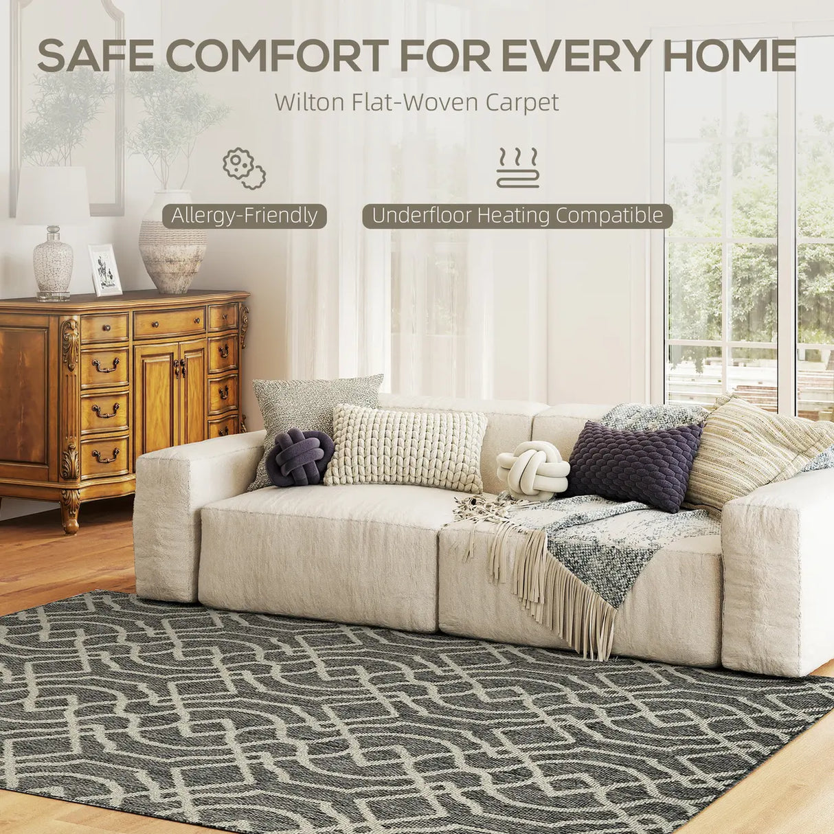 HOMCOM UV Resistant Indoor & Outdoor Area Rug, Easy-Cleaning Machine Washable Rug with Geometric Pattern for Patio, Garden, Kitchen, Bathroom or Living Room, 230 x 160 cm, Grey