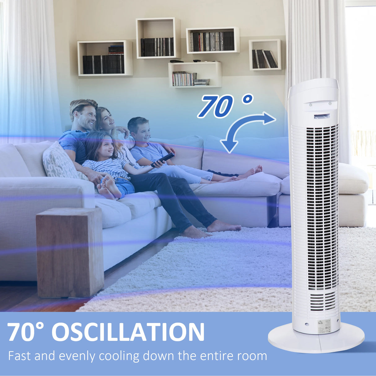 HOMCOM Tower Fan for Bedroom Cooling, 30 Inch Electric 70 Oscillating Fan with 3 Speed Settings, Standing Floor Fan for Home Office Indoor, White