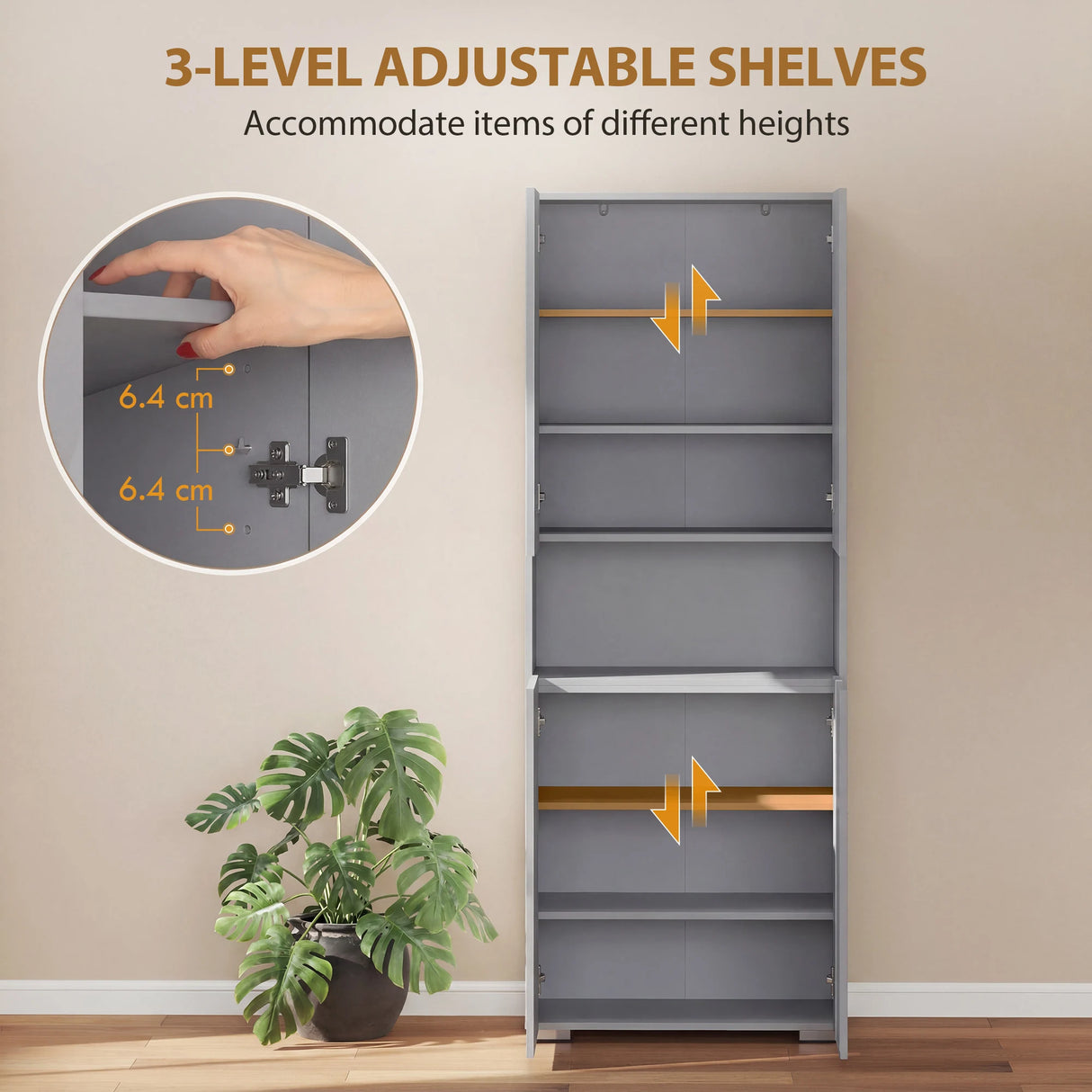 HOMCOM 180 cm Tall Kitchen Cupboard, Pantry Storage Cabinet with Soft Close Doors and Adjustable Shelves, High Gloss Grey