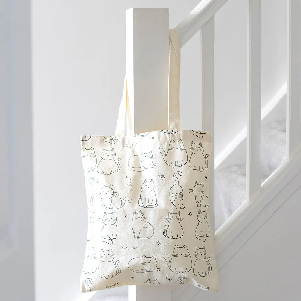 White Cat Print Polycotton Tote Bag