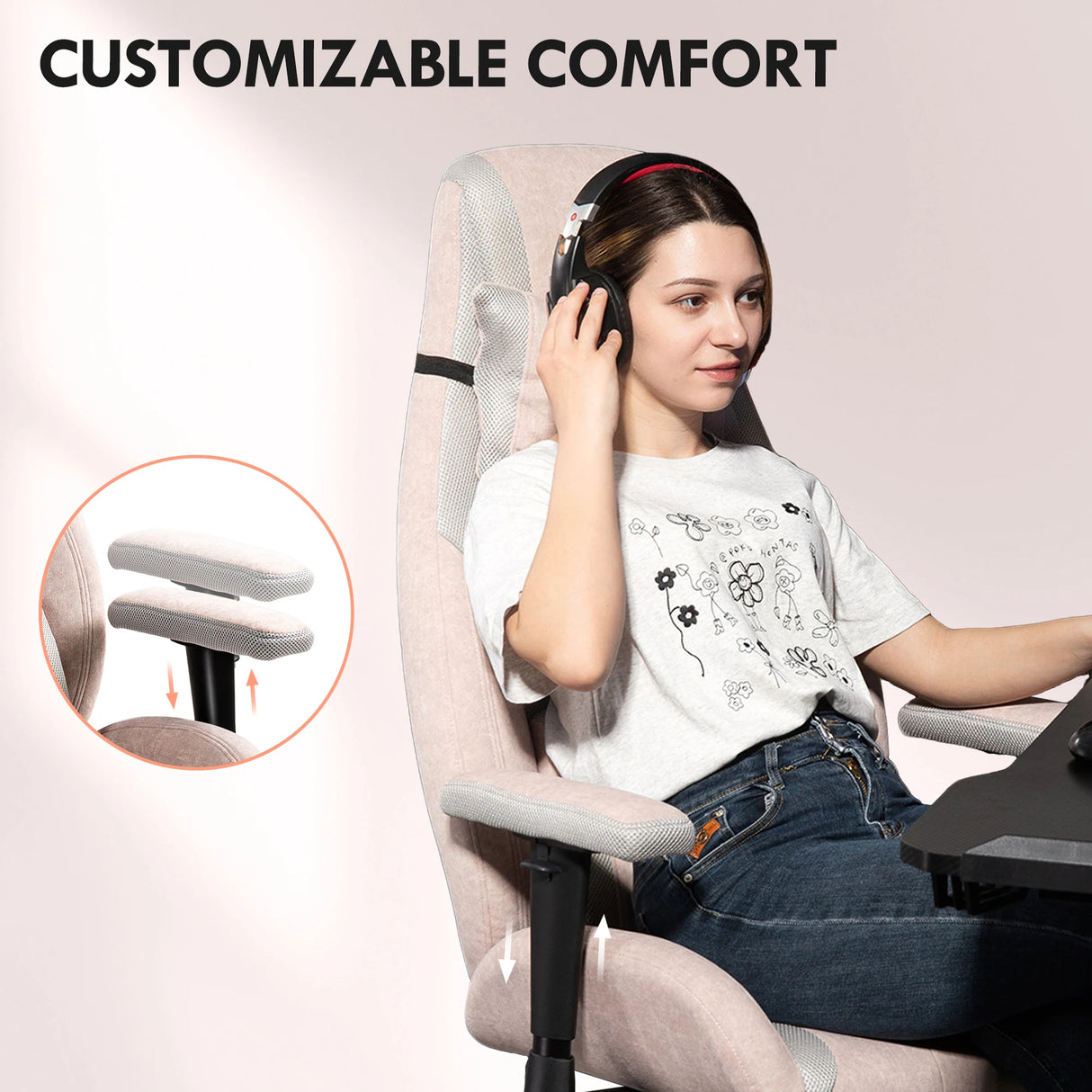 HOMCOM Fabric Gaming Chair with Lumbar Support, Headrest - Pale Pink