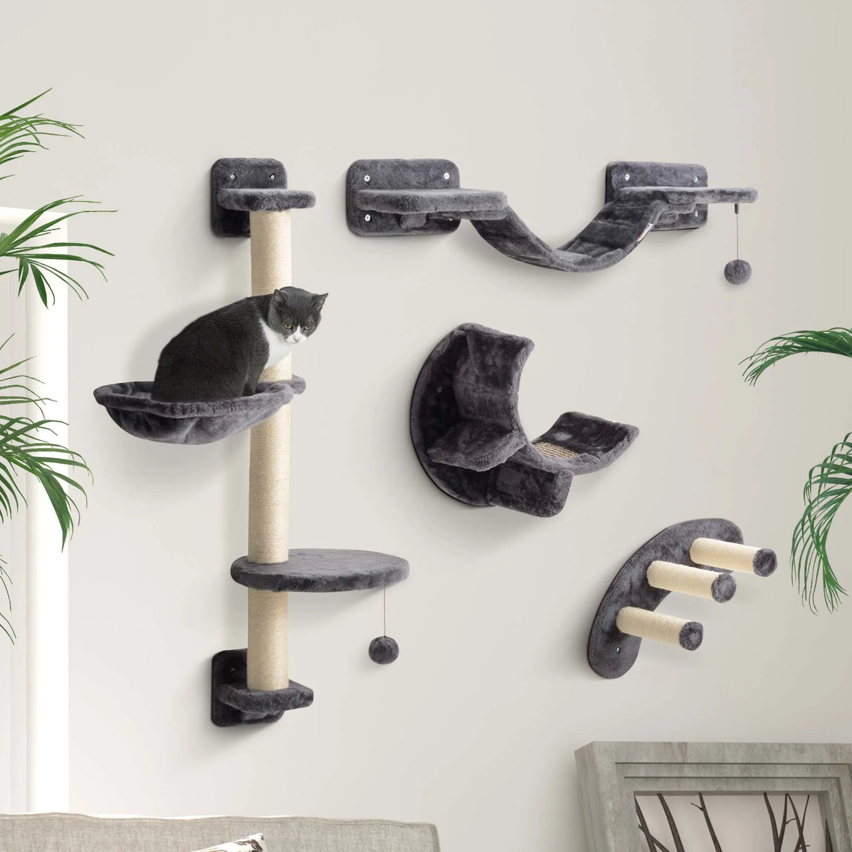 PawHut Four-Piece Cat Wall Furniture, with Hammock, Ladder, Platforms, Steps, for Indoor Use - Dark Grey