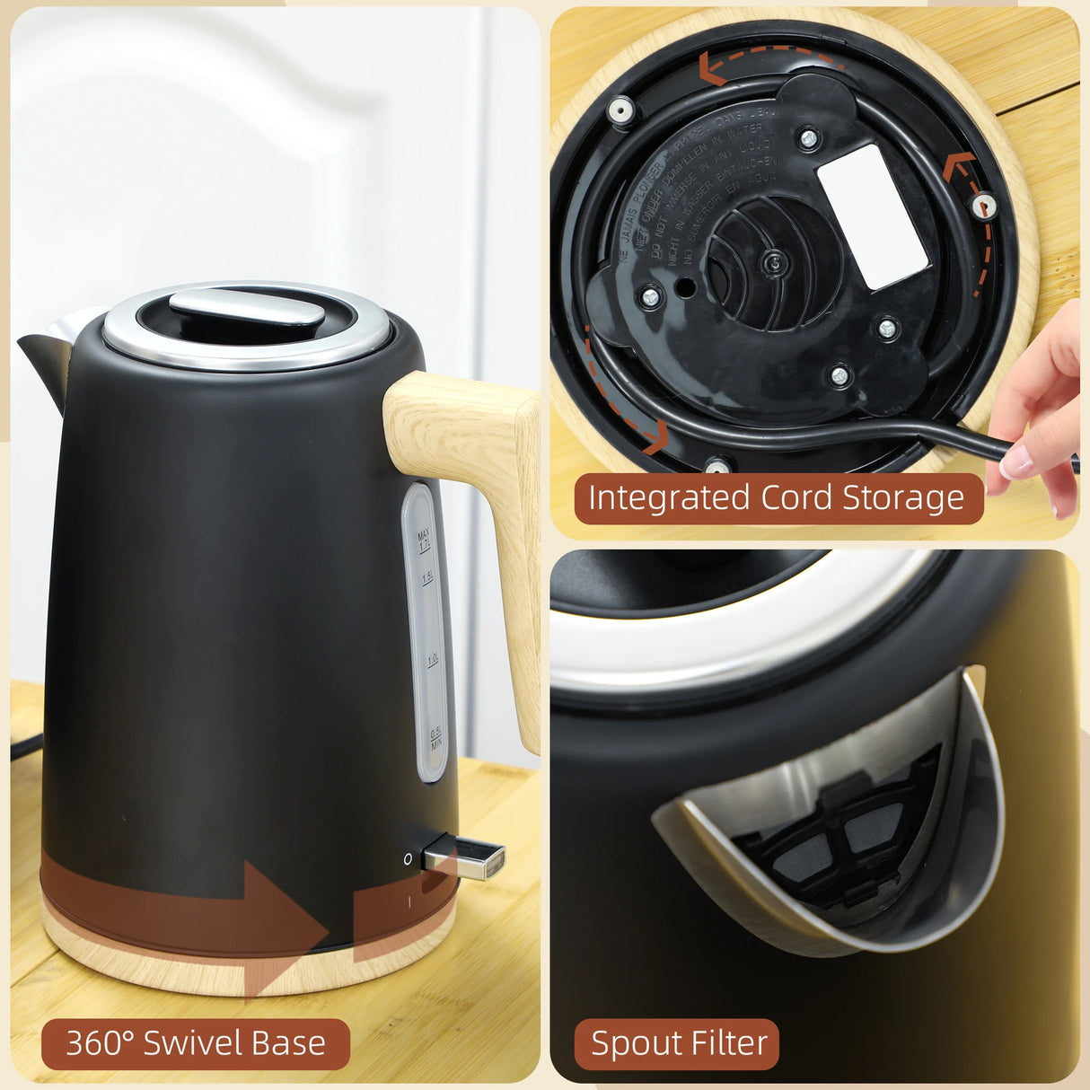 HOMCOM Stainless Steel Kettle and Toaster Set, 1.7L 3000W Fast Boil Kettle & 2 Slice Toaster Kitchen Set with 7 Level Browning Controls, Defrost, Reheat, Auto Off, Boil-dry Protection, Black