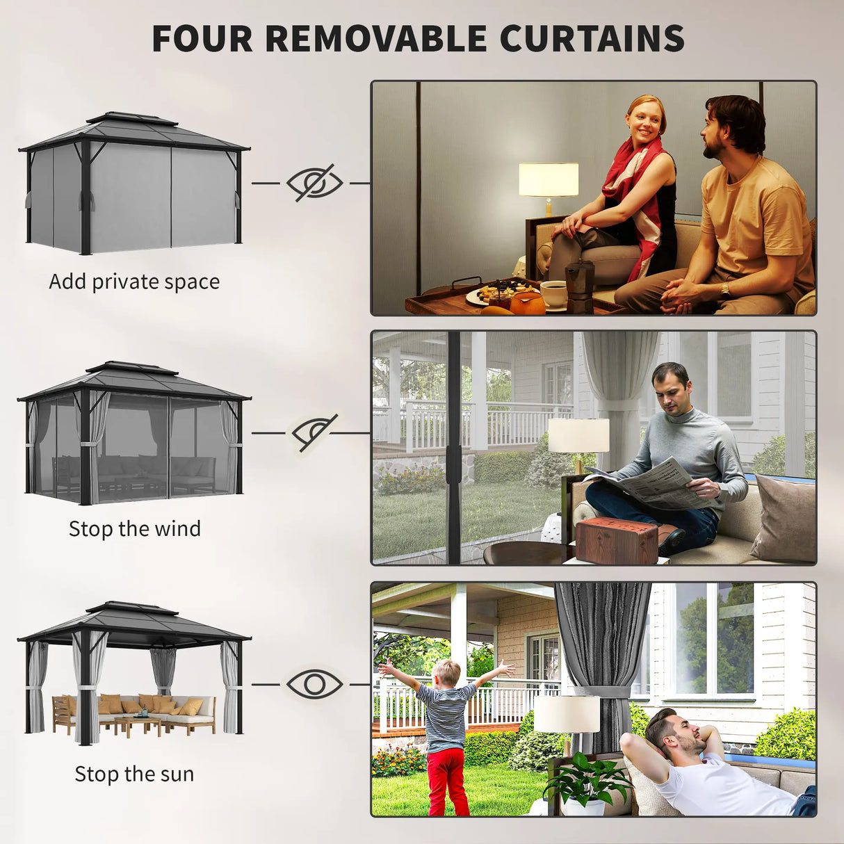 Outsunny 3 x 4m Hardtop Gazebo Canopy with UPF30+ Double Polycarbonate Roof, Aluminium Frame Garden Gazebo Permanent Pavilion with Mosquito Netting and Curtains for Patio, Deck, Grey