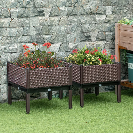 Outsunny 50cm x 50cm x 46.5cm Set of 2 41L Garden Raised Bed, Elevated Planter Box, Flower Vegetables Planting Container with Self-Watering Design and Drainage Holes