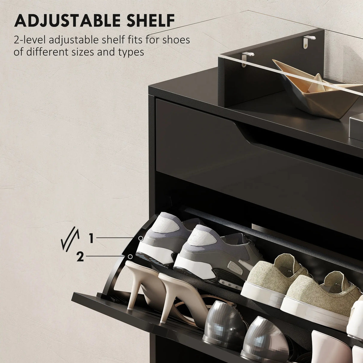 HOMCOM Shoe Storage Cabinet with Slide Out Drawer, 2 Flip Doors, Tempered Glass Top - Black