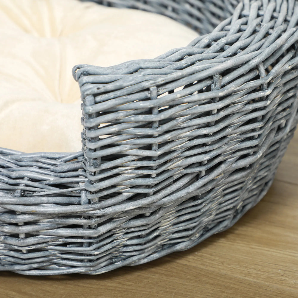 PawHut Wicker Pet Bed Willow Dog Cat Sofa Couch Puppy Basket with Cushion Grey 57L x 46W x 17.5H cm