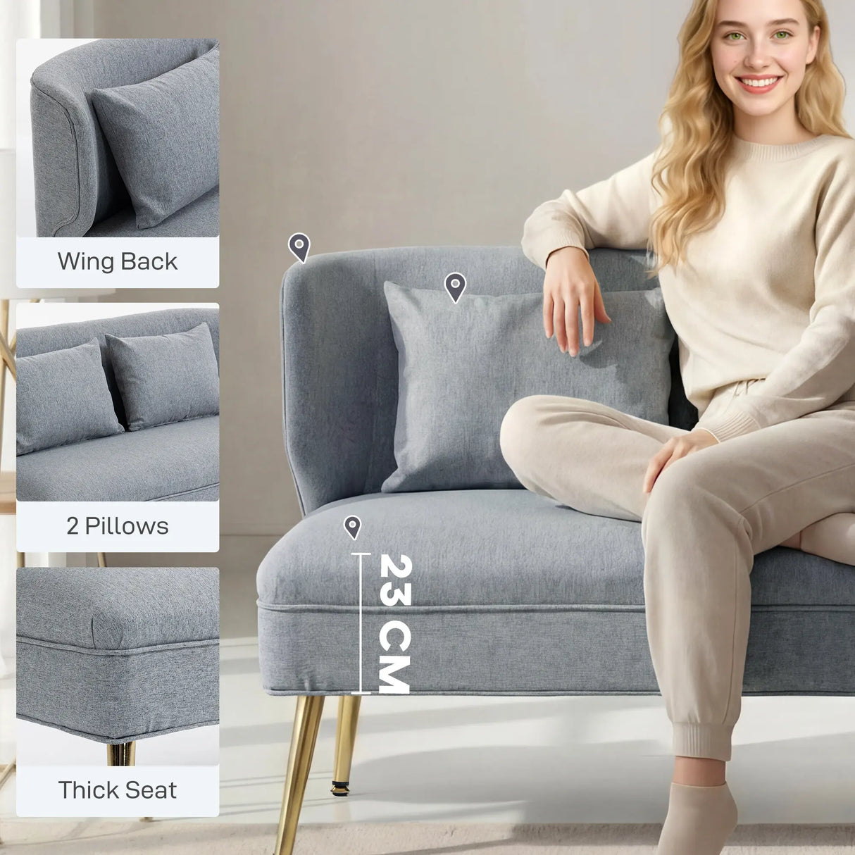 HOMCOM 2 Seater Sofa, Linen-look Fabric Small Sofa with Wing Back, Thick Seat, Metal Legs, Light Grey