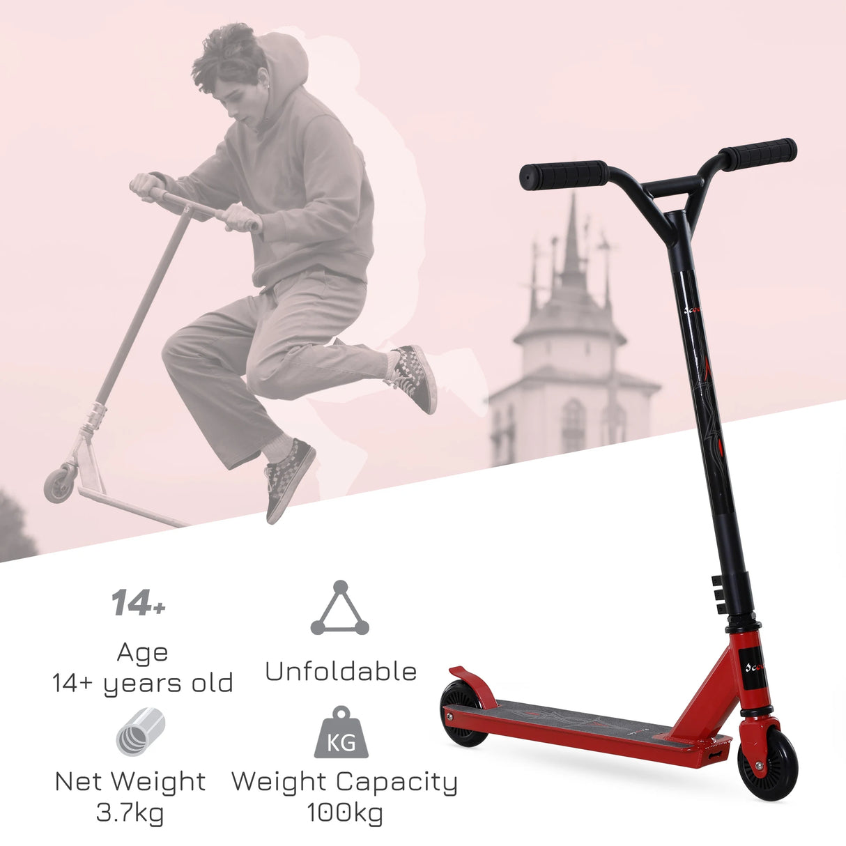 HOMCOM Street Stunt Scooter Intermediate and Beginner Freestyle Tricks Scooters For 14+ Teens Adult w/ Rear 10cm Wheel & Brake - Red