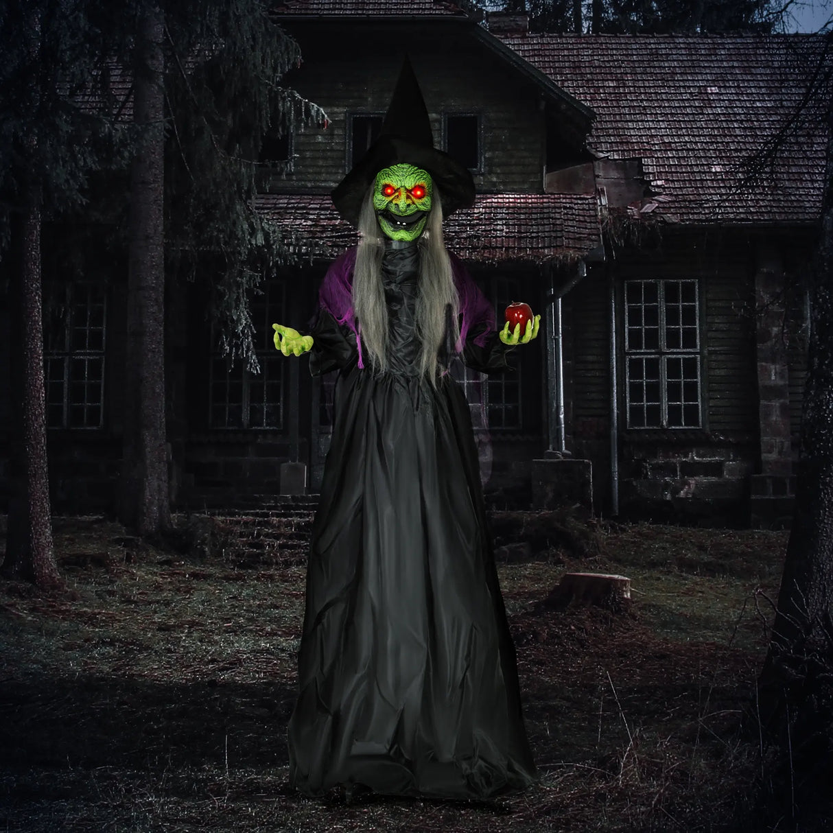HOMCOM 180 cm Life Size Halloween Animated Standing Witch, Spooky Witch with Glowing LED Eyes, Battery Operated