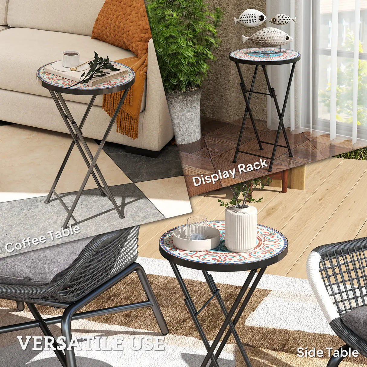 Outsunny Mosaic Outdoor Garden Table, 35.5cm Round Folding Coffee Table with Metal Frame for Balcony Terrace, Multicolour