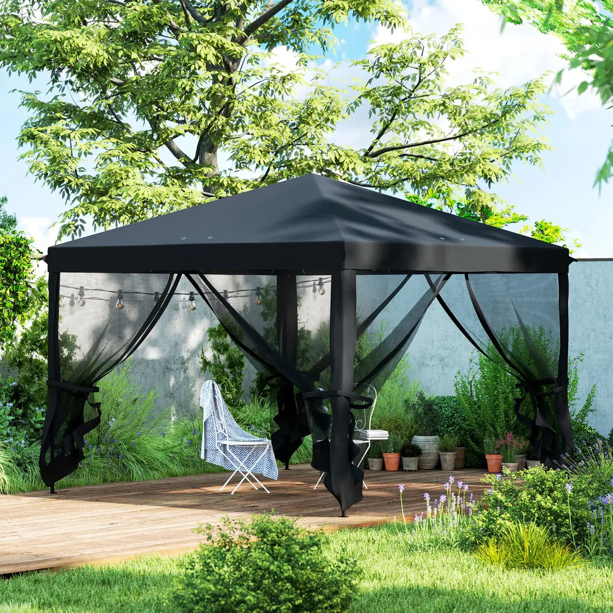 Outsunny 3 x 3 m Pop Up Gazebo, 420D Garden Tent Canopy with Removable Mesh Sidewall Netting, Carry Bag for Garden Patio Outdoor, Black