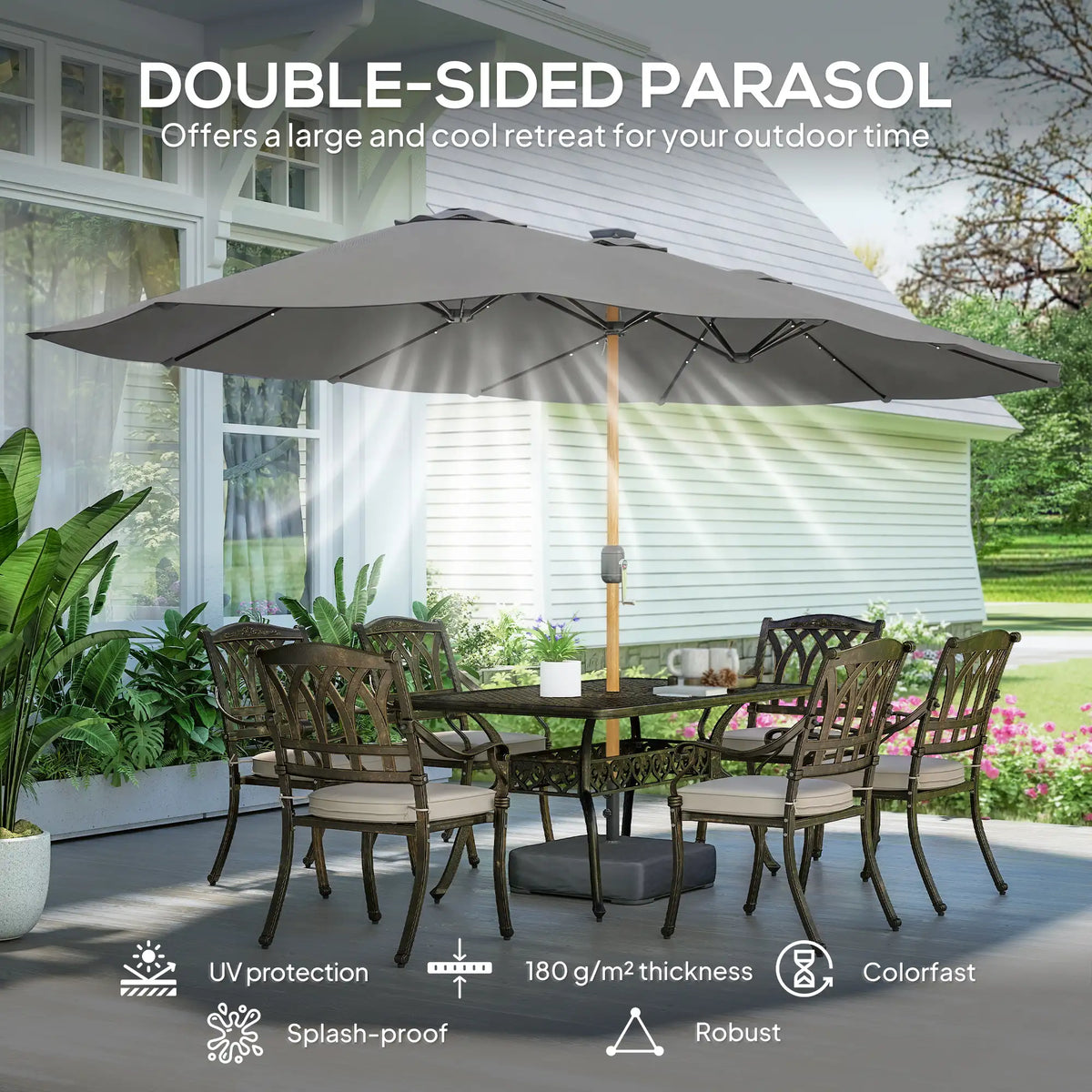 Outsunny Double Sided Garden Parasol with Base Included & 48 Solar LED Lights Patio Umbrella Crank Handle 4.6m Light Grey