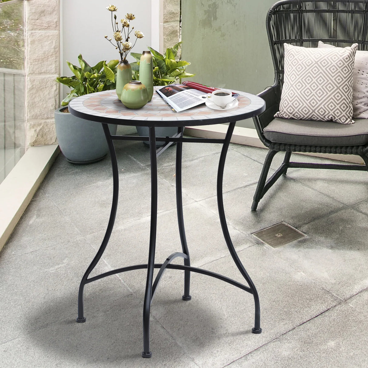 Outsunny 60 cm Mosaic Garden Table, Small Round Outdoor Side Table with Ceramic Top, Plant Stand for Patio, Balcony, Orange and White