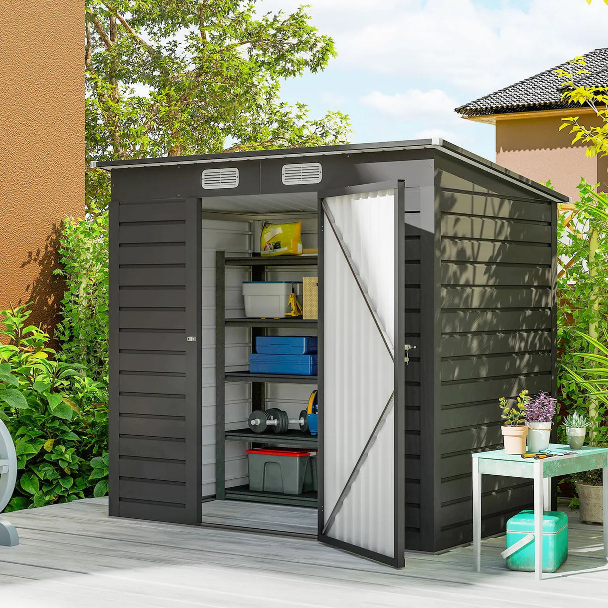 Outsunny 4 x 6ft Galvanised Metal Garden Shed, with Locking Door - Grey