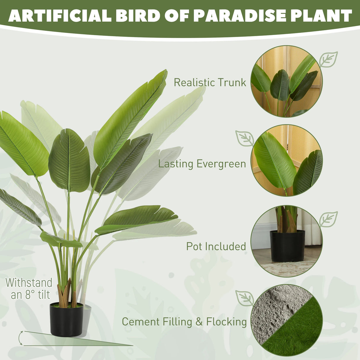 HOMCOM 109cm Artificial Bird of Paradise Plant, Faux Banana Leaf Tree with PEVA Leaves and Flocking, Decorative Palm Tree in Pot for Home Office Decor, Green