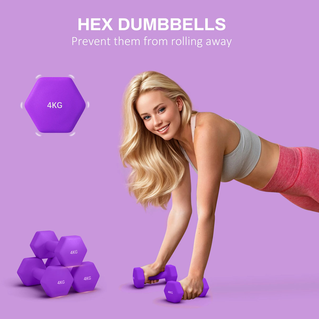 SPORTNOW 2 x 4kg Hexagonal Dumbbells Weights Set with Non-Slip Grip for Home Gym Workout, Purple