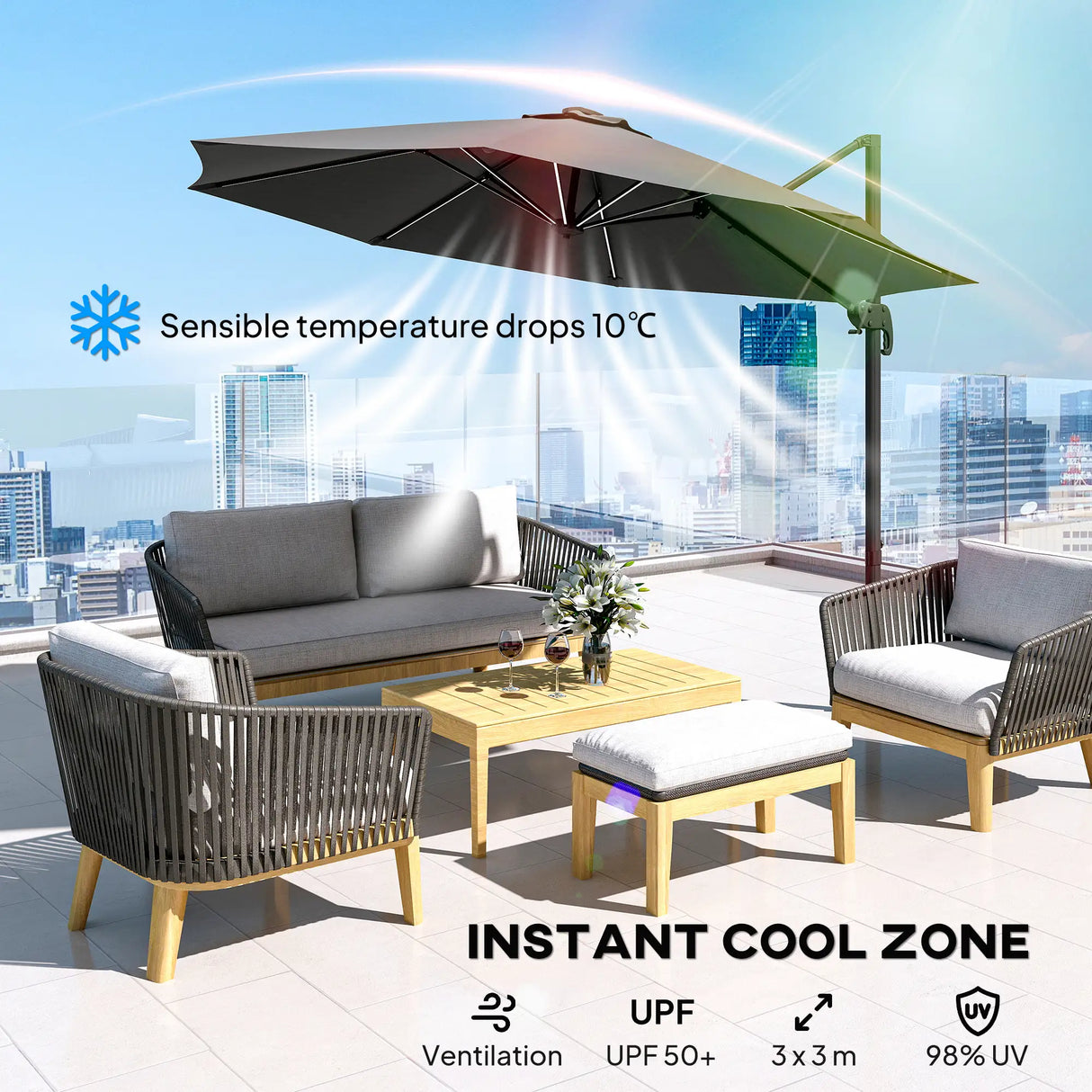 Outsunny 3(m) Adjustable Cantilever Parasol with Base, Solar LED Lights, Dark Grey