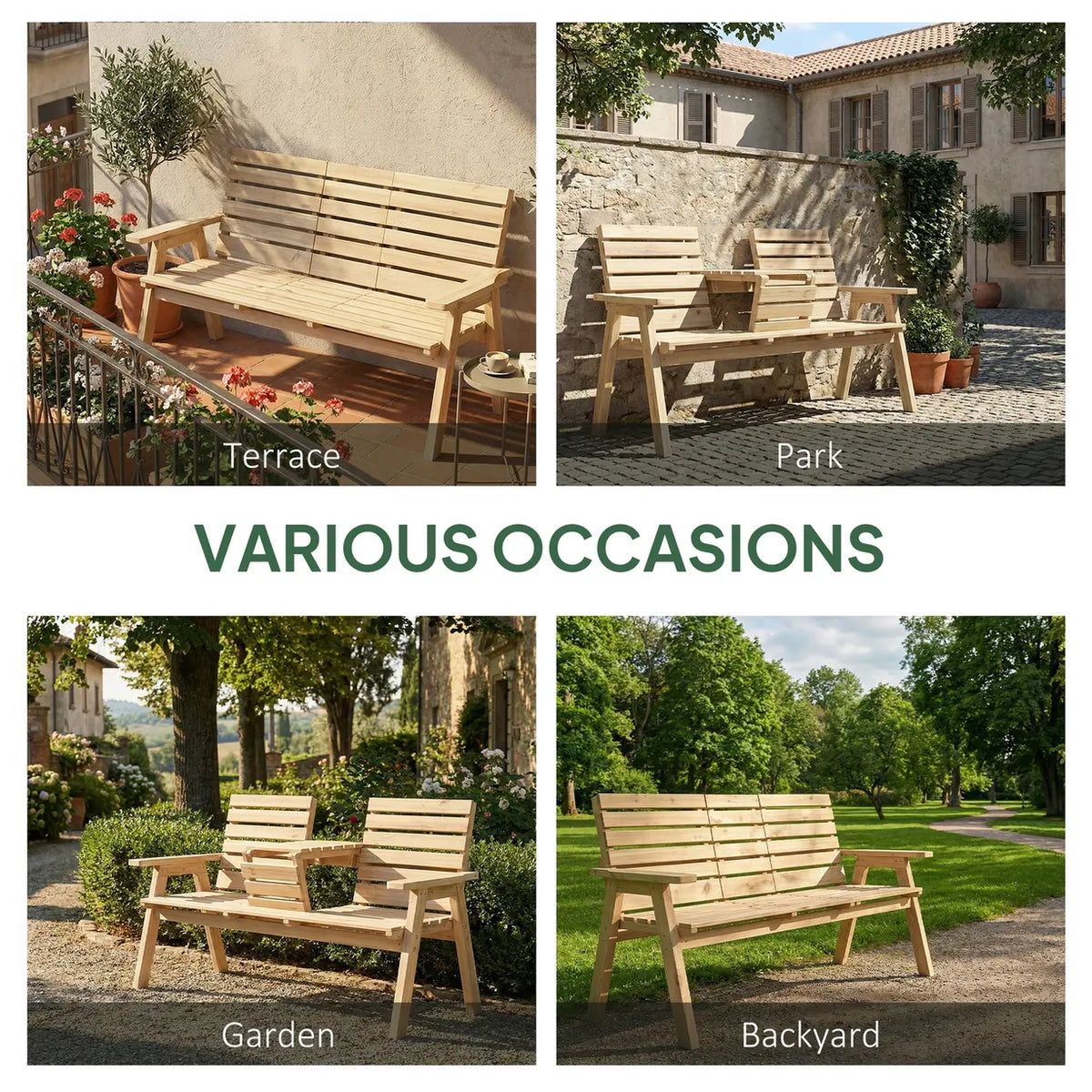 Outsunny Fir Wood Convertible 2 to 3 Seater Outdoor Garden Bench, Natural Wood Finish