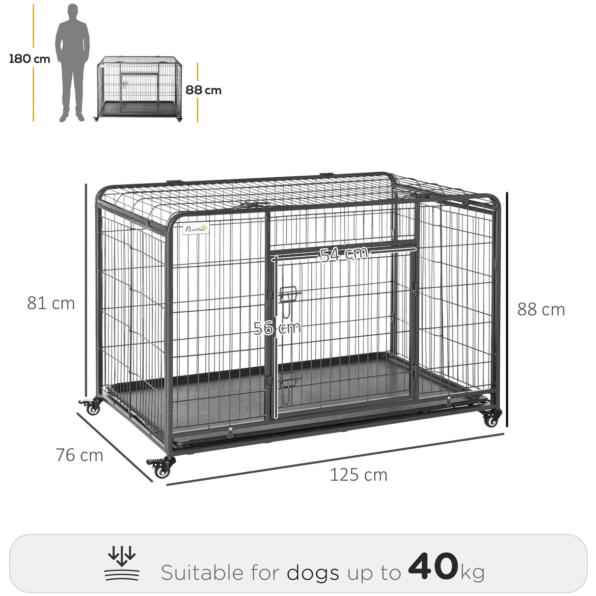 PawHut Metal Dog Cage Kennel Locking Door & Wheels Removable Tray Openable Top For Extra Large Pets 125 x 76 x 81 cm