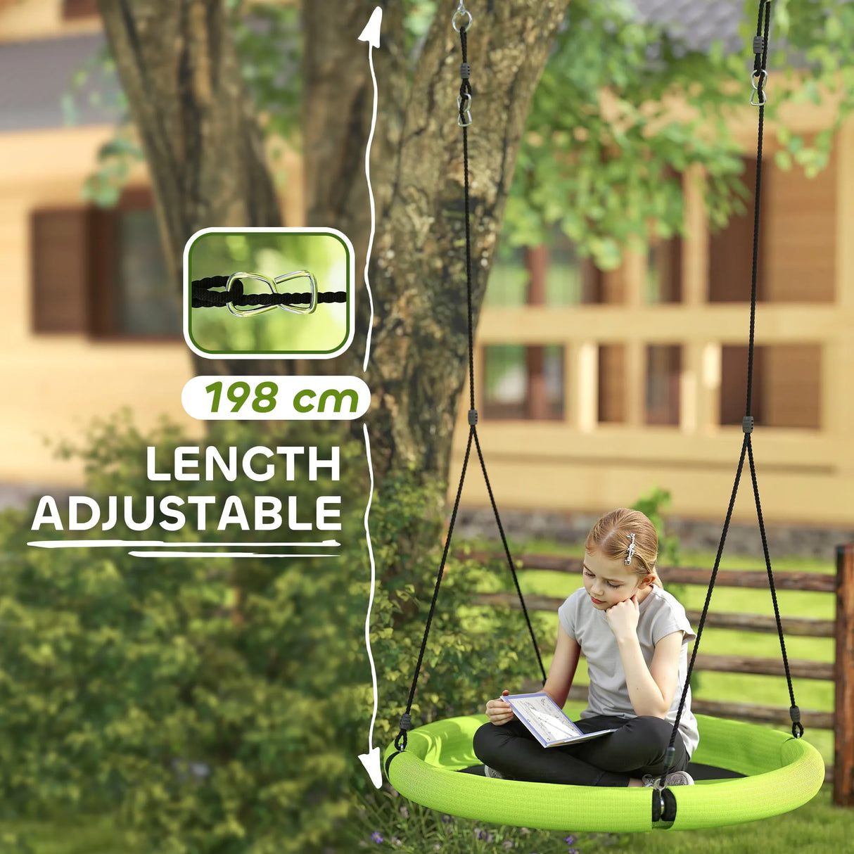 AIYAPLAY 100cm Diameter Nest Seat for Kids with Height Adjustable Hanging Ropes for Outdoor, Playground, Garden, Green