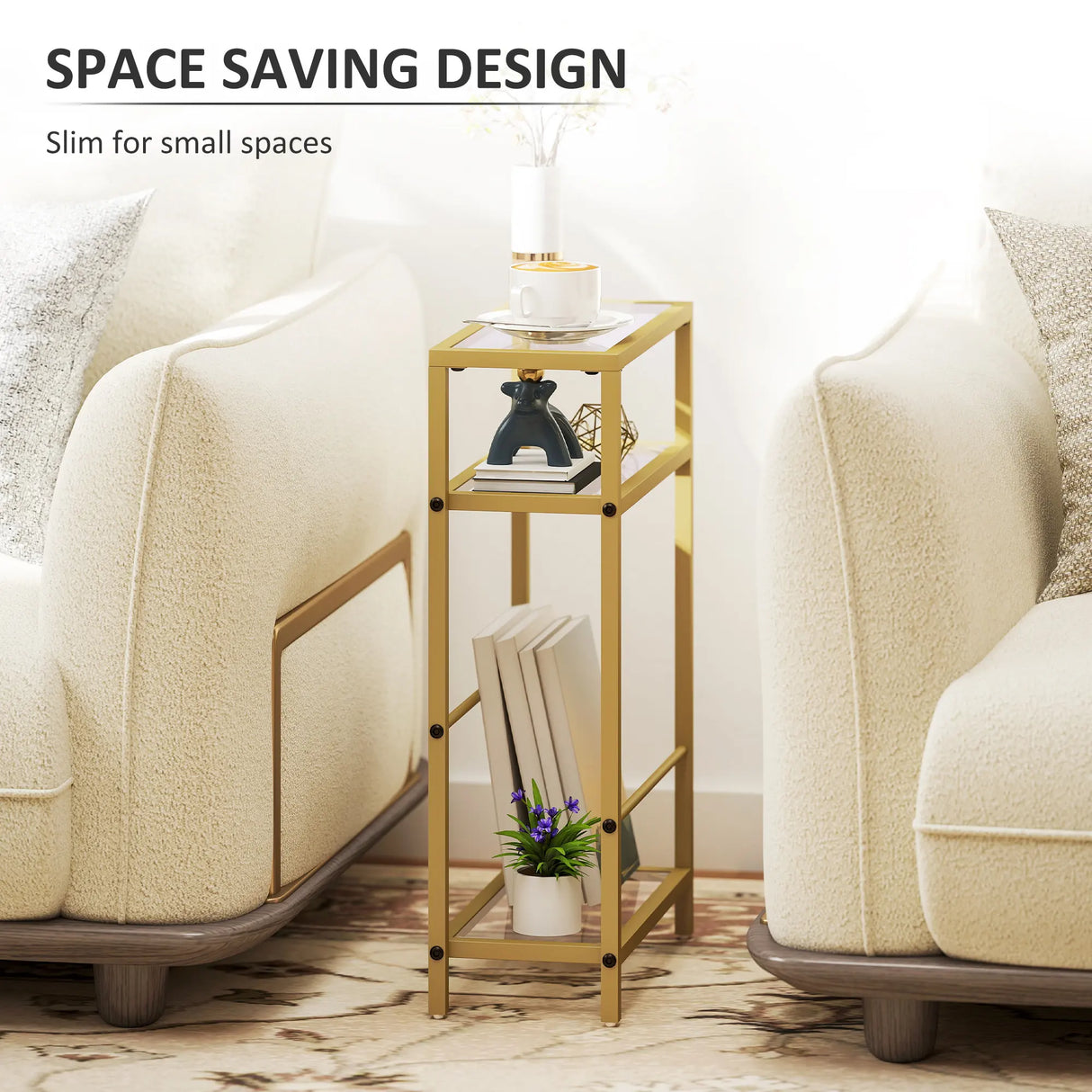 HOMCOM 3-Tier Side Table, Narrow End Table with Storage Shelf and Tempered Glass Tabletop for Small Spaces, Bedroom, Living Room, Entryway, Gold Tone