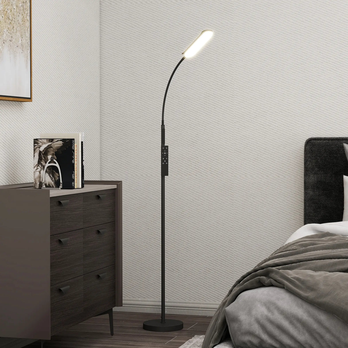 HOMCOM LED Floor Lamp, Standing Lamp with Remote & Touch Control, Stepless Dimmable Colours Temperature & Brightness, 360 Adjustable Gooseneck, 1 Hour Timer, Memory Function for Living Room, Black