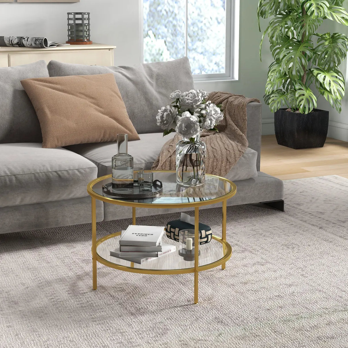 HOMCOM Round Coffee Table with Storage, 2-Tier Tempered Glass Coffee Table with Steel Frame for Living Room, Gold Tone