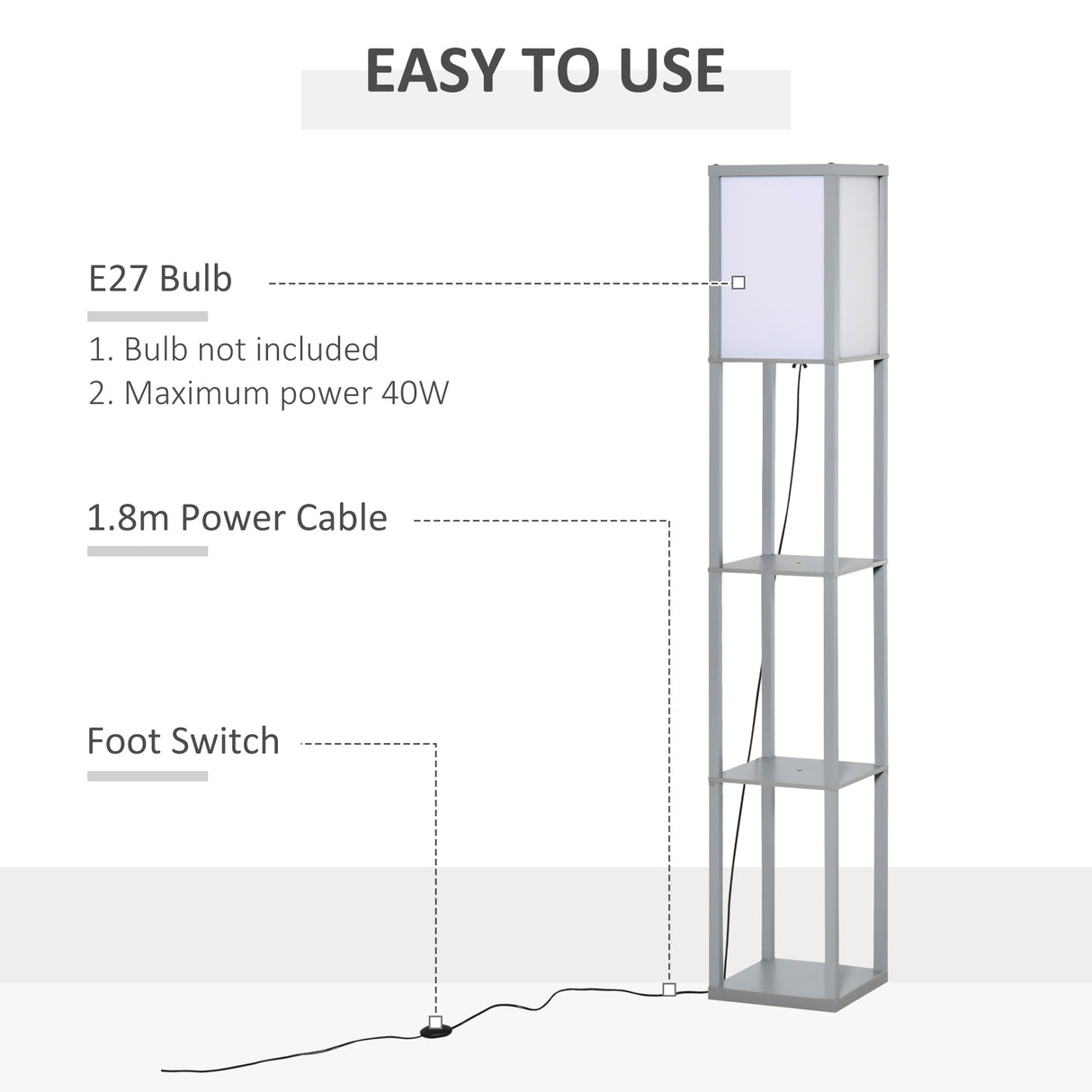 HOMCOM 3-Tier Floor Lamp, Floor Light with Storage Shelf, Reading Standing Lamp with Acrylic Shade for Living Room, Bedroom, Kitchen, Dining Room, Office, Dorm, 160cm, Grey