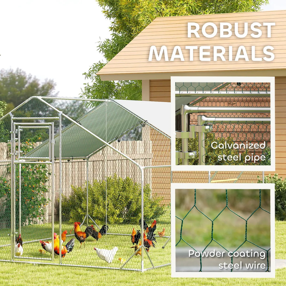 PawHut Walk-in Chicken Run w/ Cover, Feeding Door, Hanging Feeder, Perch, for 12-18 Poultry