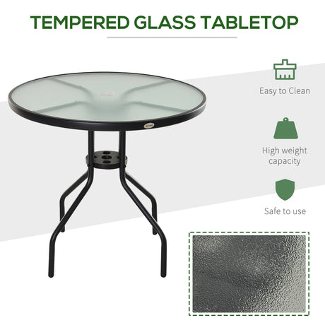 Outsunny 80 cm Round Garden Dining Table with Parasol Hole for 4, Outdoor Coffee Bistro End Side Table with Tempered Glass Top and Steel Frame for Patio, Porch, Black
