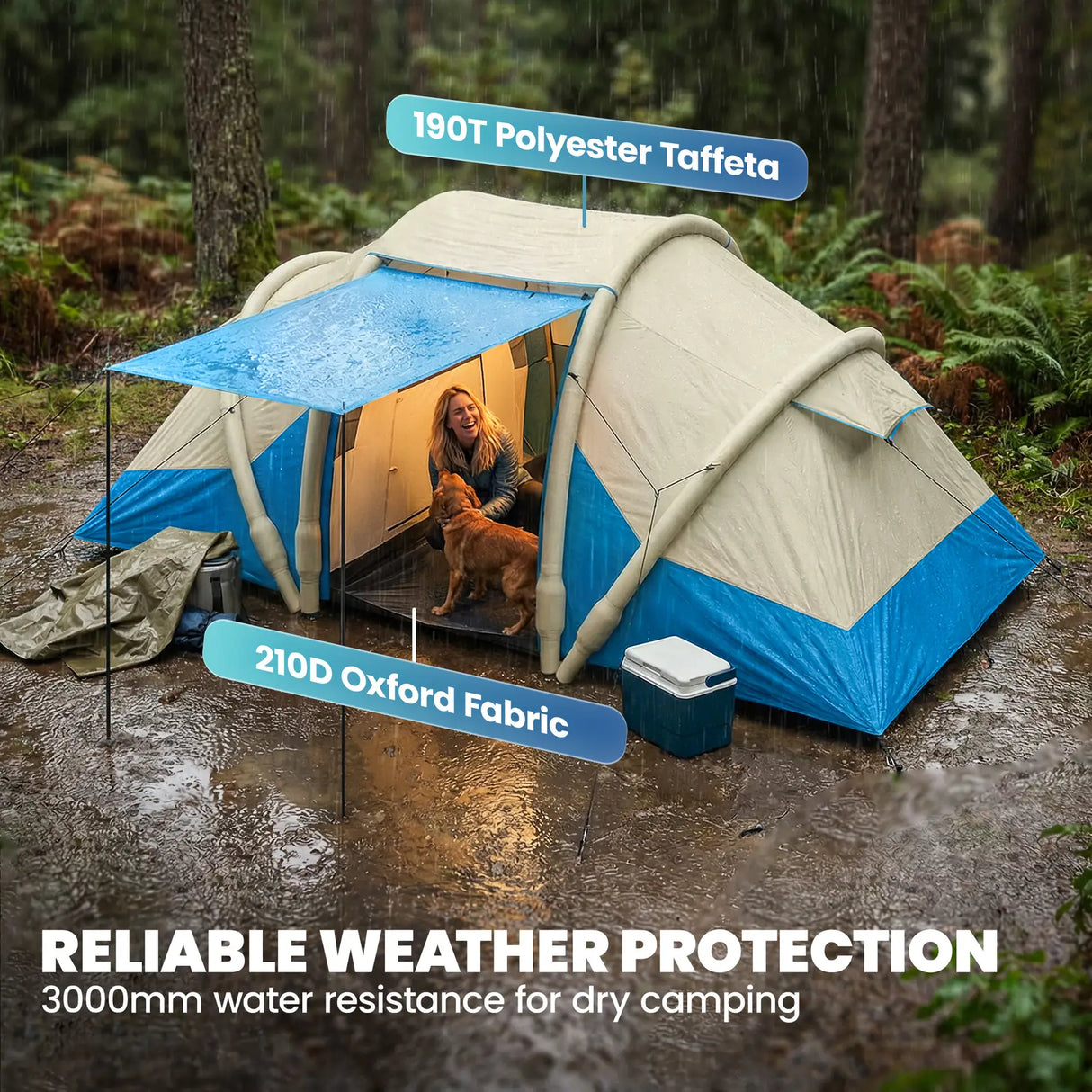 Outsunny Inflatable Tent 2 Bedroom 3000mm Waterproof Windproof Air Tent with Carry Bag for 4 Person