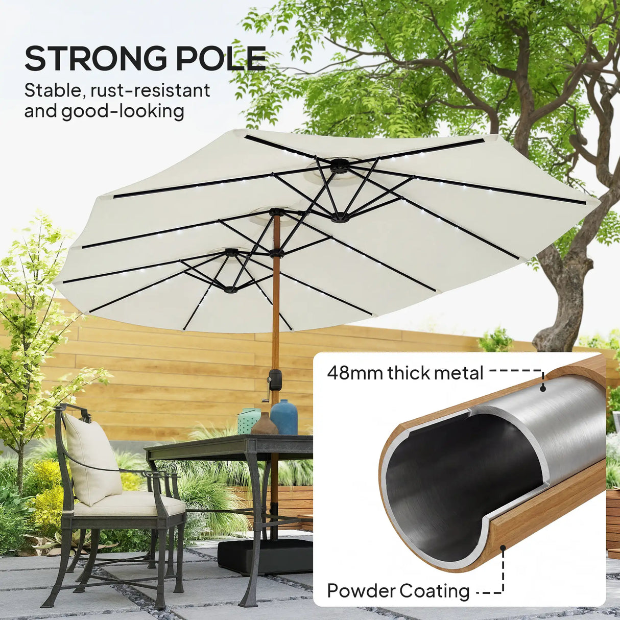Outsunny Double Sided Garden Parasol with Base Included & 48 Solar LED Lights Patio Umbrella Crank Handle 4.6m Cream White