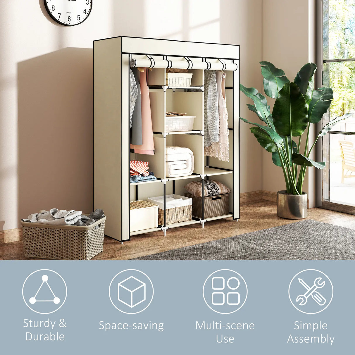 HOMCOM Fabric Wardrobe, with Rails and Shelves - Cream White