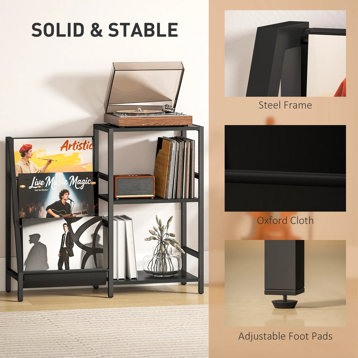 HOMCOM 3-Tier Record Player Stand, End Table for Living Room, Bedroom - Black Wood Effect