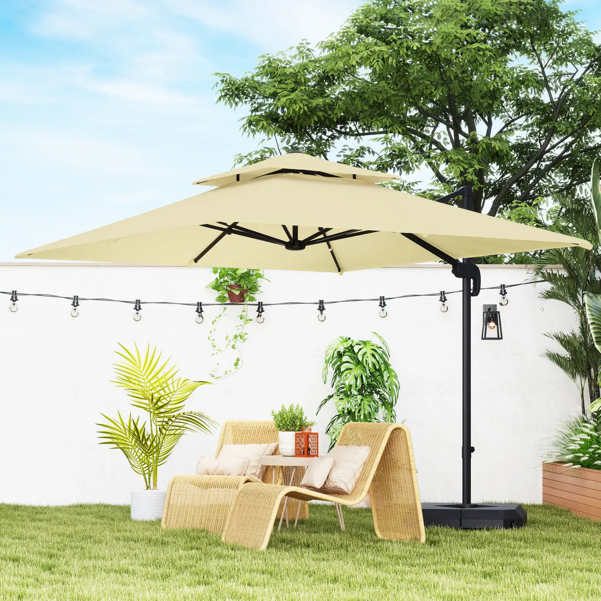 Outsunny 2.7 x 2.7 m Cantilever Parasol with Aluminium Frame, Crank and Tilt, 360-Degree Rotation, Double Top Garden Umbrella with Base and Cover, Khaki